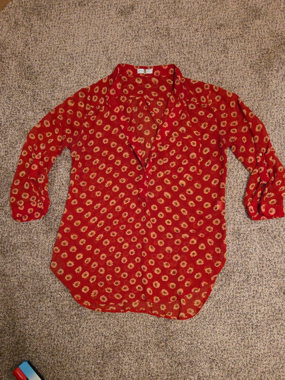 Red Floral Lightweight V-Neck Blouse SM Cottagecore Boho Prarie